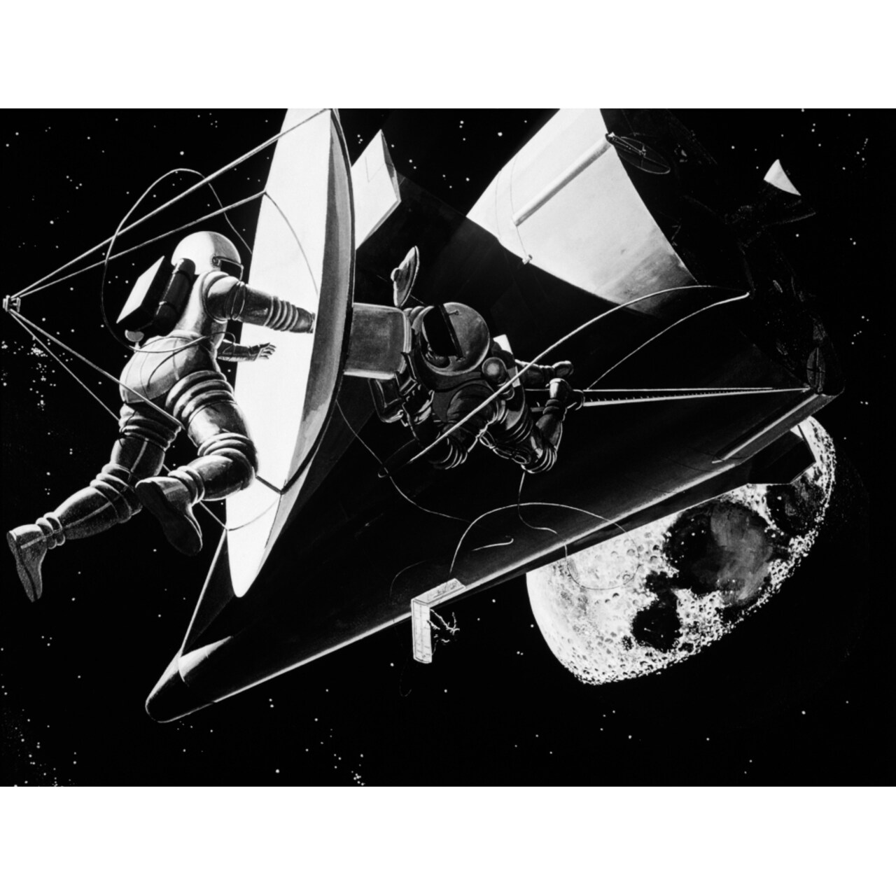 Illustration 1960S Weightless Astronauts Eva Extravehicular Activity Assembling Reflector For Space Station Science